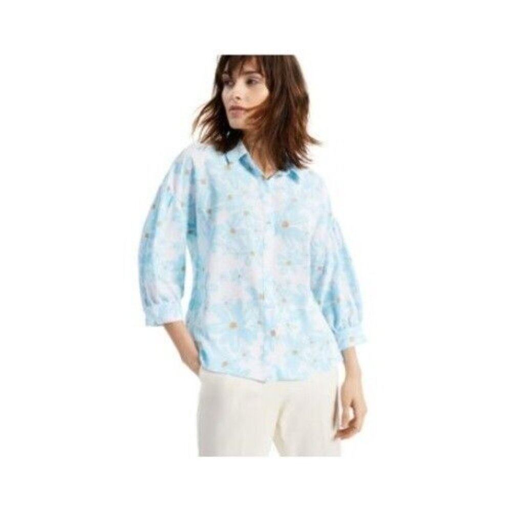 Alfani Womens XL Daisy Dream Blue White Floral Button Up 3/4 Sleeve Top NWT BI89